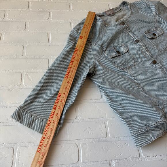 Chico's Blue White Pinstripe Denim Style Cotton Button Jacket sz 12/14 2 - Picture 3 of 6
